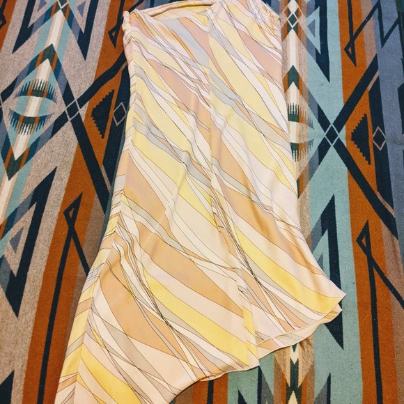 🚨Bebe Silk Pink Yellow Pastel Asymmetrical Dress M L - Picture 9 of 11